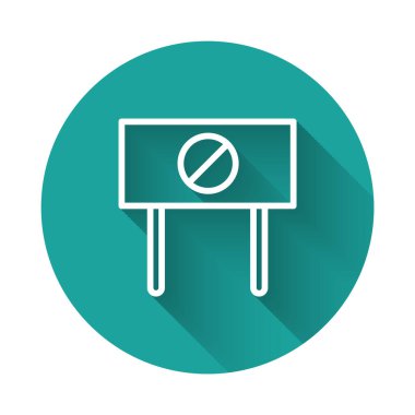 Beyaz çizgi protesto ikonu uzun gölgeli izole edildi. Toplantı, protestocu, grev, konuşma, pankart, protesto pankartı, dilekçe, lider, broşür. Yeşil daire düğmesi. Vektör.