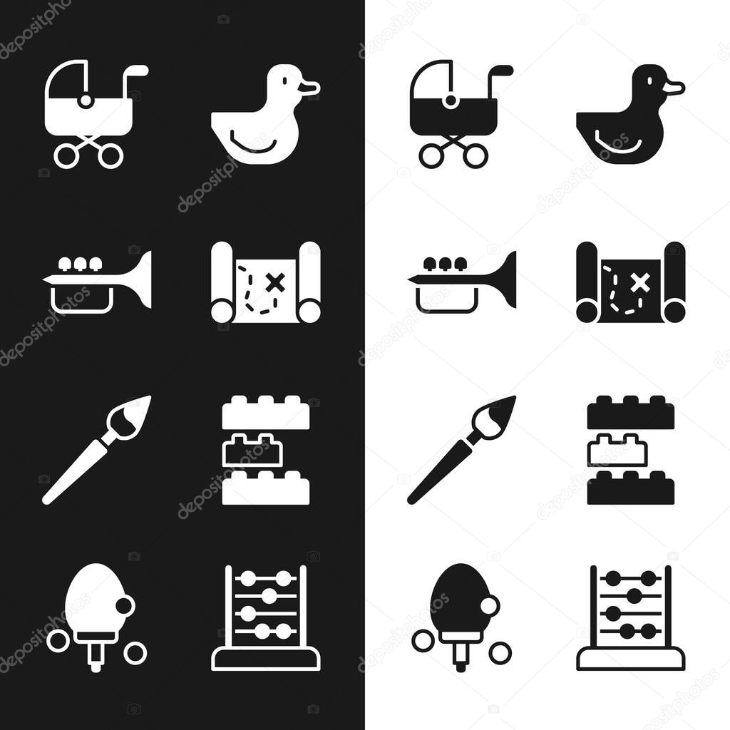 Set Pirate treasure map, Trumpet, Baby stroller, Rubber duck, Paint brush, Toy building block bricks, Abacus and Racket icon. Vector