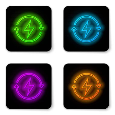 Parlayan neon hattı yeniden şarj edilen simge beyaz arkaplanda izole edildi. Elektrik enerjisi işareti. Siyah kare düğme. Vektör