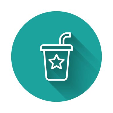 Pipet içen beyaz çizgi kağıt bardak ve uzun gölge arkaplan izole su ikonu. Soda bardağı. Taze soğuk içecek sembolü. Yeşil daire düğmesi. Vektör