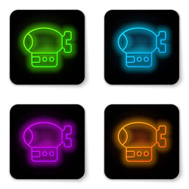 Parlayan neon hattı hava gemisi simgesi beyaz arkaplanda izole edildi. Siyah kare düğme. Vektör