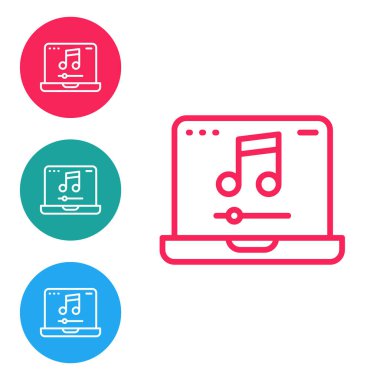 Ekran simgesinde nota sembolü olan kırmızı çizgi dizüstü bilgisayar beyaz arkaplanda izole edildi. Simgeleri daire düğmelerine ayır. Vektör