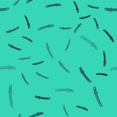 Siyah çizgi Geleneksel Japon katana simgesi yeşil arka planda izole edilmiş pürüzsüz desen. Japon kılıcı. Vektör