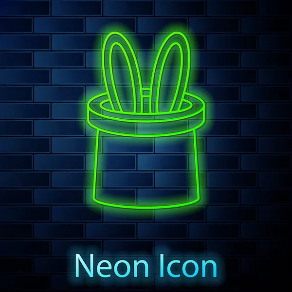 Glowing Neon Line Magician Hat Rabbit Ears Icon Isolated Brick — Stock Vector