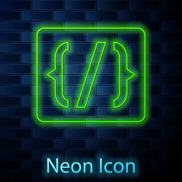 Glowing Neon Line Programming Language Syntax Icon Isolated Brick Wall — Stock Vector