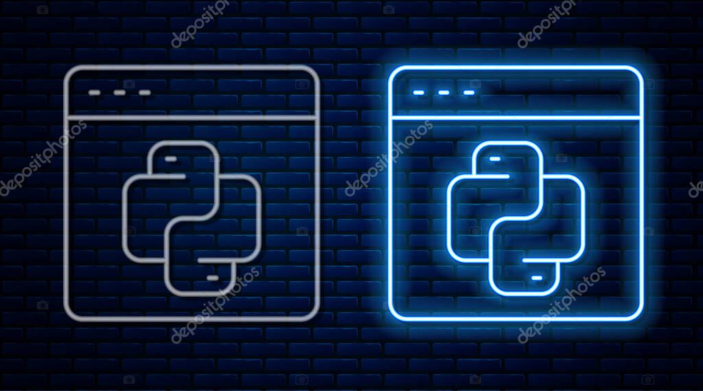 Glowing neon line Python programming language icon isolated on brick wall background. Python coding language sign on browser. Device, programming, developing concept.  Vector