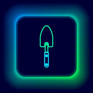 Parlayan neon hattı bahçe küreği ya da kürek ikonu siyah arkaplanda izole edilmiş. Bahçe aletleri. Bahçecilik, tarım, çiftçilik aleti. Renkli taslak konsepti. Vektör