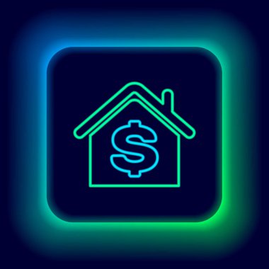 Siyah arka planda dolar sembolü olan parlak neon çizgili ev. Ev ve para. Emlak konsepti. Renkli taslak konsepti. Vektör