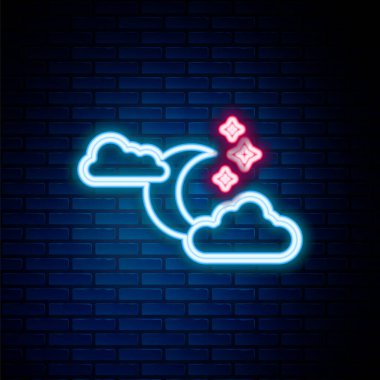 Parlayan neon hattı Bulut, ay ve yıldız ikonu tuğla duvar arka planında izole edilmiş. Bulutlu gece işareti. Uyku rüyalarının sembolü. Gece ya da yatak zamanı tabelası. Renkli taslak konsepti. Vektör