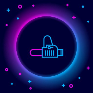 Parlayan neon hattı zincir testeresi simgesi siyah arkaplanda izole edildi. Renkli taslak konsepti. Vektör