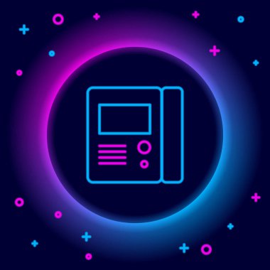 Parlayan neon hattı House dahili iletişim sistemi simgesi siyah arkaplanda izole edildi. Renkli taslak konsepti. Vektör