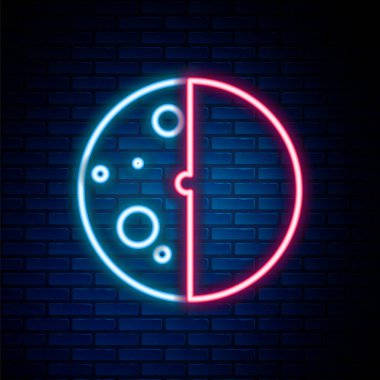 Parlayan neon hattı güneş tutulması ikonu tuğla duvar arka planında izole edildi. Tam sonar tutulması. Renkli taslak konsepti. Vektör