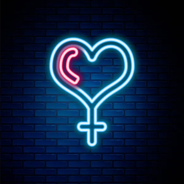 Ragyogó neon vonal Női nemi szimbólum és szív ikon elszigetelt téglafal háttér. Vénusz szimbólum. A női szervezet vagy nő szimbóluma. Színes vázlat koncepció. Vektor — Stock Vector