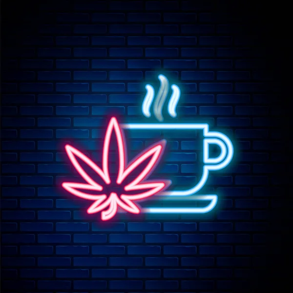 Glowing neon line Cup tea with marijuana or cannabis leaf icon isolated on brick wall background. Marijuana legalization. Hemp symbol. Colorful outline concept. Vector — Stock Vector