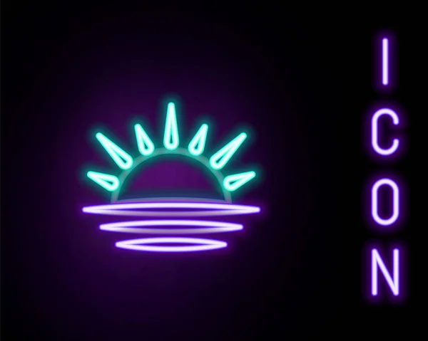 Glödande neon linje Sunset ikon isolerad på svart bakgrund. Färgstarkt skisskoncept. Vektor — Stock vektor