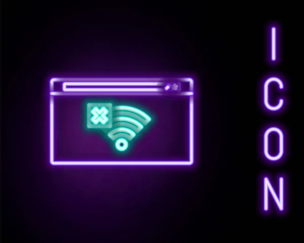 Glödande neon line Ingen Internet-anslutning ikon isolerad på svart bakgrund. Inget trådlöst wifi eller tecken på fjärråtkomst till internet. Färgstarkt skisskoncept. Vektor — Stock vektor
