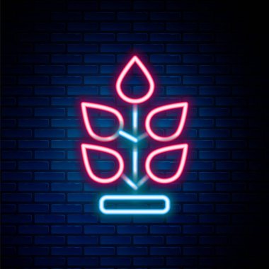 Parlayan neon hattı. Tuğla duvar arkasında bitki simgesi izole edilmiş. Tohum ve tohum. İşaret bırakıyor. Yaprak doğası. Renkli taslak konsepti. Vektör