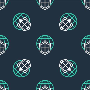 Dünya küresi simgesine sahip çizgi kalkanı siyah arka planda izole edilmiş. Sigorta konsepti. Güvenlik, güvenlik, koruma, gizlilik kavramı. Vektör