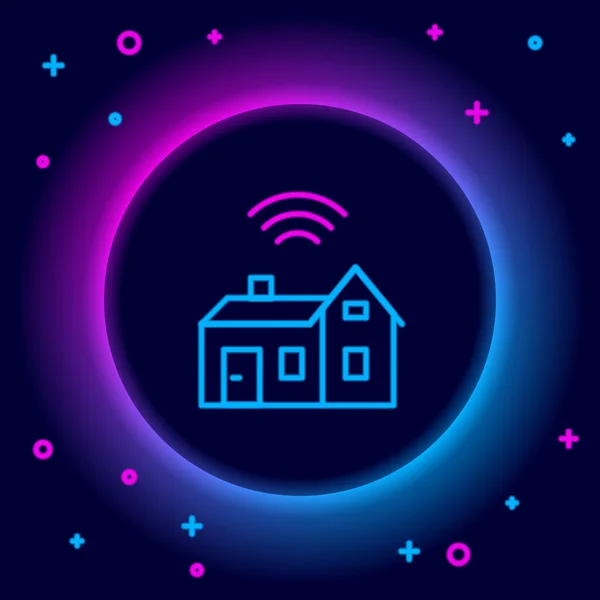 Glowing neon line Smart home dengan ikon nirkabel terisolasi di latar belakang hitam. Remote control. Konsep internet dengan koneksi nirkabel. Konsep garis luar berwarna. Vektor - Stok Vektor