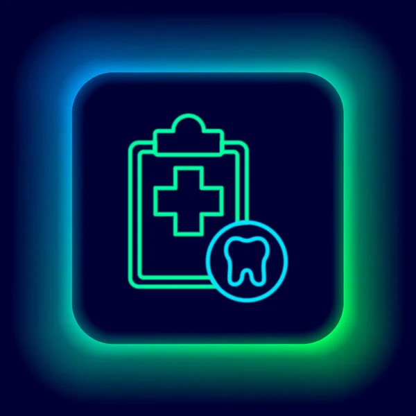 Świecąca neonowa deska z kartą dentystyczną lub ikoną karty pacjenta wyizolowaną na czarnym tle. Ubezpieczenie dentystyczne. Raport z kliniki dentystycznej. Kolorowy koncept. Wektor — Wektor stockowy