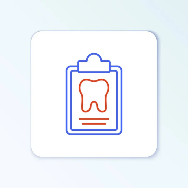 치아 카드가 있는 립 보드와 환자의 의료 기록 아이콘은 흰색 배경에서 분리 된다. 치과 보험. 치과 진료 보고서요. 화려 한 윤곽 개념. Vector — 스톡 벡터