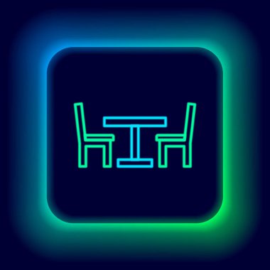 Siyah arka planda izole edilmiş sandalye ikonu olan parlak neon çizgili ahşap masa. Sokak kafesi. Renkli taslak konsepti. Vektör