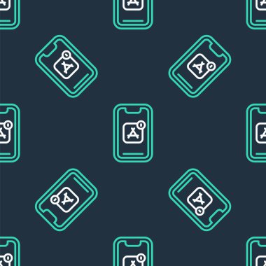 Satır Mobil Uygulamaları simgesi siyah arkaplanda izole edilmiş kusursuz desen. Ekran simgeli akıllı telefon, uygulamalar. Cep telefonu ekranı görünüyor. Vektör