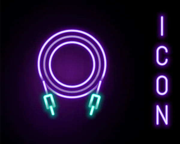 Linea neon luminosa Icona jack audio isolata su sfondo nero. Cavo audio per il collegamento di apparecchiature audio. Filo elettrico. Strumento musicale. Concetto di contorno colorato. Vettore — Vettoriale Stock