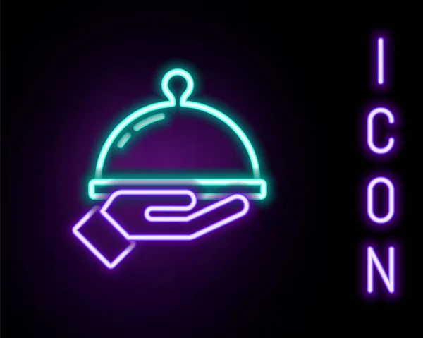 Leuchtende Neon-Linie, bedeckt mit einem Tablett mit Essenssymbol auf schwarzem Hintergrund. Tablett und Deckelschild vorhanden. Restaurant Cloche mit Deckel vorhanden. Buntes Rahmenkonzept. Vektor — Stockvektor