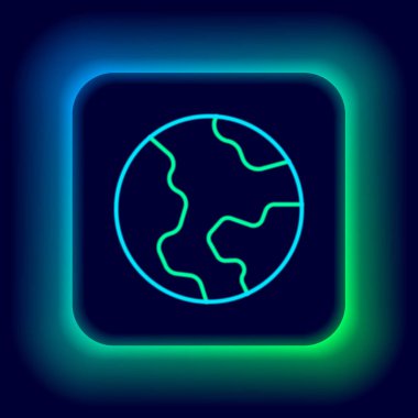 Parlayan neon çizgisi Dünya ikonu siyah arka planda izole edildi. Dünya ya da Dünya işareti. Küresel internet sembolü. Geometrik şekiller. Renkli taslak konsepti. Vektör