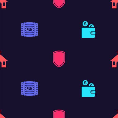 Cüzdanı bozuk para, ahşap fıçı rom, Kalkan ve Kilise binasını pürüzsüz bir şablona ayarlayın. Vektör