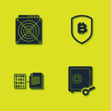 ASIC Madencisi, Kazık Kanıtı, Akıllı sözleşme ve Bitcoin ikonuyla Shield ayarlayın. Vektör