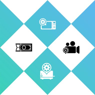 Hızlı ödemeler, tost makinesi ayarı, mikrodalga fırın ve video kamera simgesi ayarla. Vektör