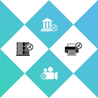 Veritabanı sunucu servisini, video kamerayı, banka binasını ve yazıcı simgesini ayarla. Vektör