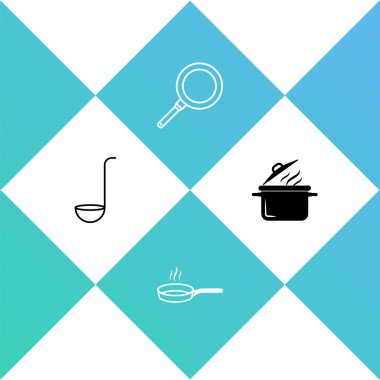 Mutfak kepçesini, kızartma tavasını ve tencere ikonunu hazırla. Vektör