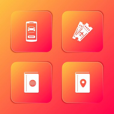 Çevrimiçi araba paylaşımı, uçak bileti, kapak kitabı seyahat rehberi ve simgesi. Vektör