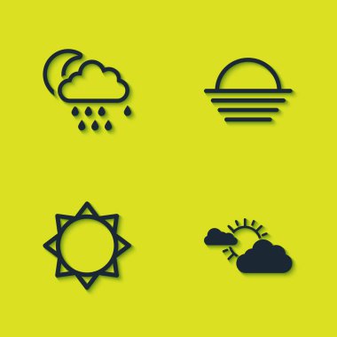 Bulut 'u yağmur, ay, güneş bulutu ve günbatımı ikonu ile ayarla. Vektör