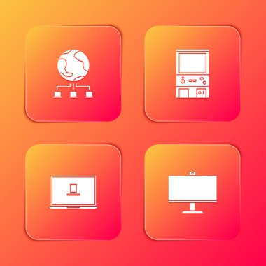 Bilgisayar ağını, Retro oyun makinesini, dizüstünü ve simgeyi ayarla. Vektör