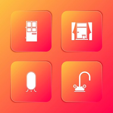 Kapalı kapı, perdeli pencere, büyük boy ayna ve musluk ikonu. Vektör