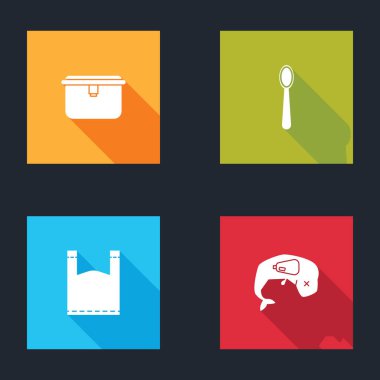 Beslenme çantası, tek kullanımlık plastik kaşık, plastik torba ve çevre koruma balinası ölü ikonu. Vektör