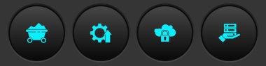 Kömür madeni tramvayı, ok geliştirme teçhizatı, bulut bilgisayar kilidi ve sunucu, Data, Web sunucu simgesi ayarla. Vektör