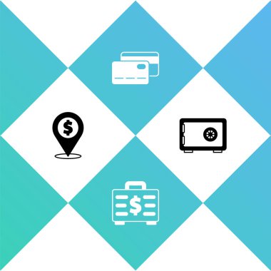 Cash 'in yerini, çantasını ve parasını, kredi kartını ve kasa simgesini ayarla. Vektör