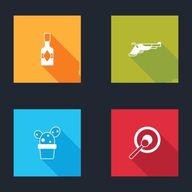 Tabasco sosu, klasik tabancalar, kaktüs ya da sulu tencere ve Gong ikonu koyun. Vektör