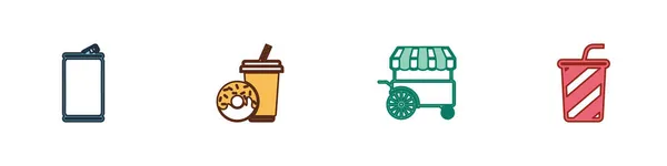 Set hliníková plechovka, nápoj se sodou s koblihou, vozík s rychlým občerstvením a ikona skleněná voda. Vektor — Stockový vektor
