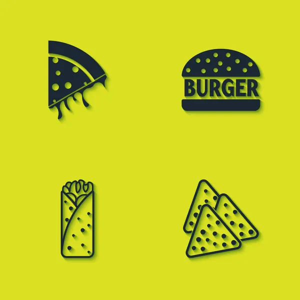 Set Fetta di pizza, Nachos, Burrito e Burger icona. Vettore — Vettoriale Stock