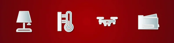 Tischlampe, Meteorologie-Thermometer, Drohnenflug und Druckersymbol. Vektor — Stockvektor