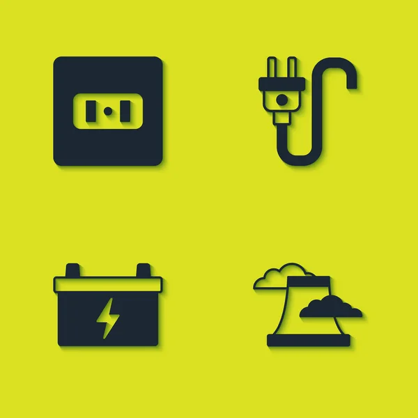 Set Elektrické zásuvky, Jaderná elektrárna, Auto baterie a plug ikona. Vektor — Stockový vektor