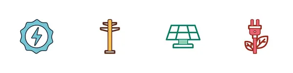 Conjunto Rayo, Torre eléctrica, panel de energía solar y el ahorro de icono de la hoja del enchufe. Vector — Vector de stock