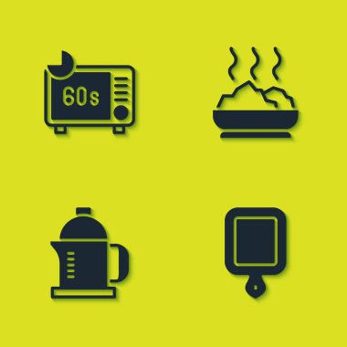 Mikrodalga fırın, kesme tahtası, Fransız presi ve sıcak çorba ikonu hazırla. Vektör