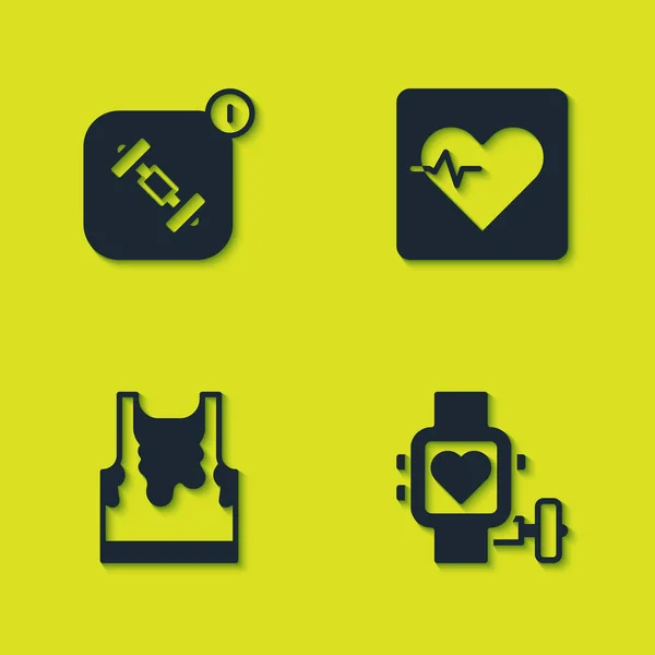 Set Fitness app, Smart watch with heart, Sweaty sleeveless t-shirt and Heart rate icon. Vektor — Stockový vektor
